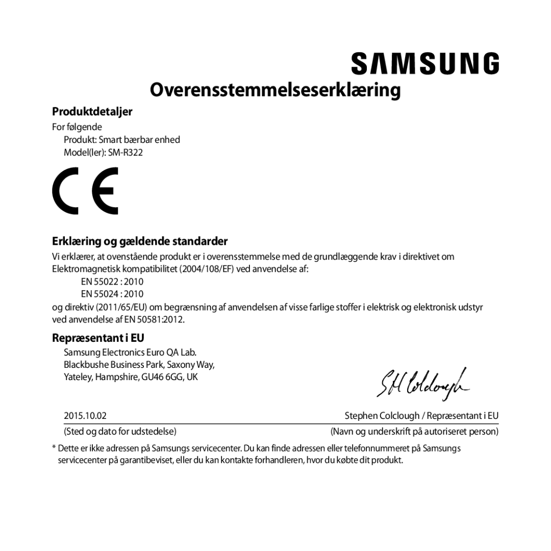 Samsung SM-R322NZWANEE manual Overensstemmelseserklæring 