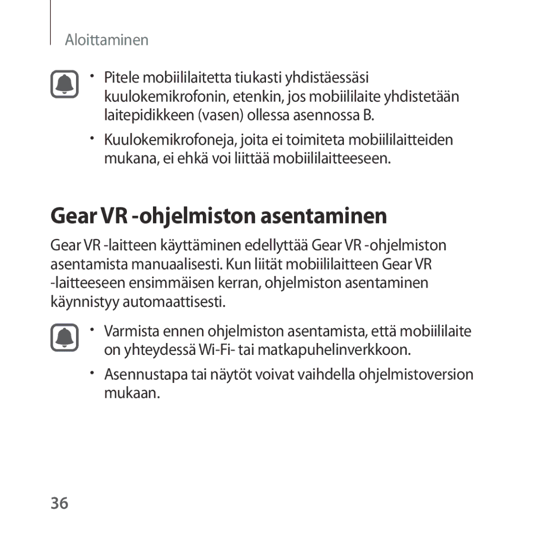 Samsung SM-R322NZWANEE manual Gear VR -ohjelmiston asentaminen 