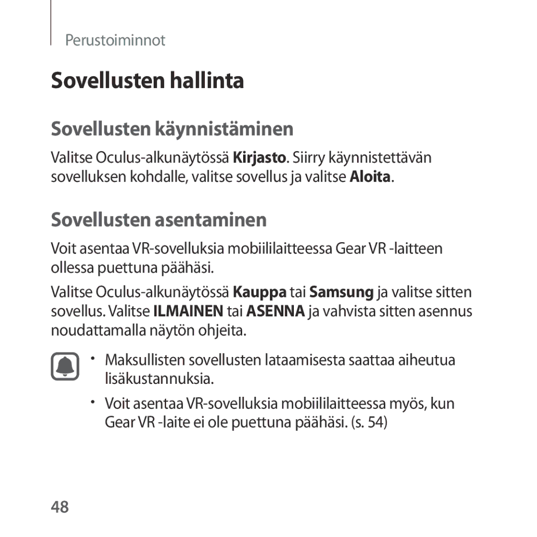 Samsung SM-R322NZWANEE manual Sovellusten hallinta, Sovellusten käynnistäminen, Sovellusten asentaminen 