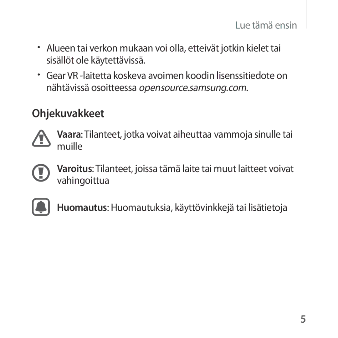 Samsung SM-R322NZWANEE manual Ohjekuvakkeet, Lue tämä ensin 