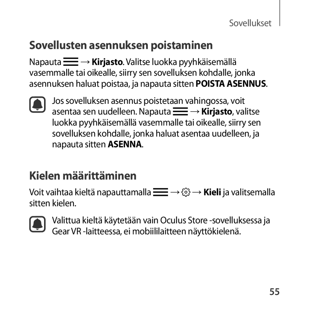 Samsung SM-R322NZWANEE manual Sovellusten asennuksen poistaminen, Kielen määrittäminen 