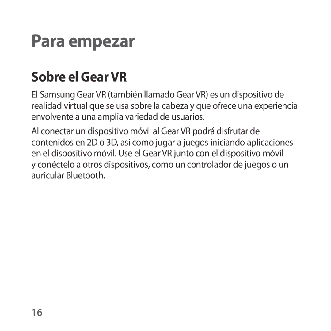 Samsung SM-R322NZWAPHE manual Para empezar, Sobre el Gear VR 