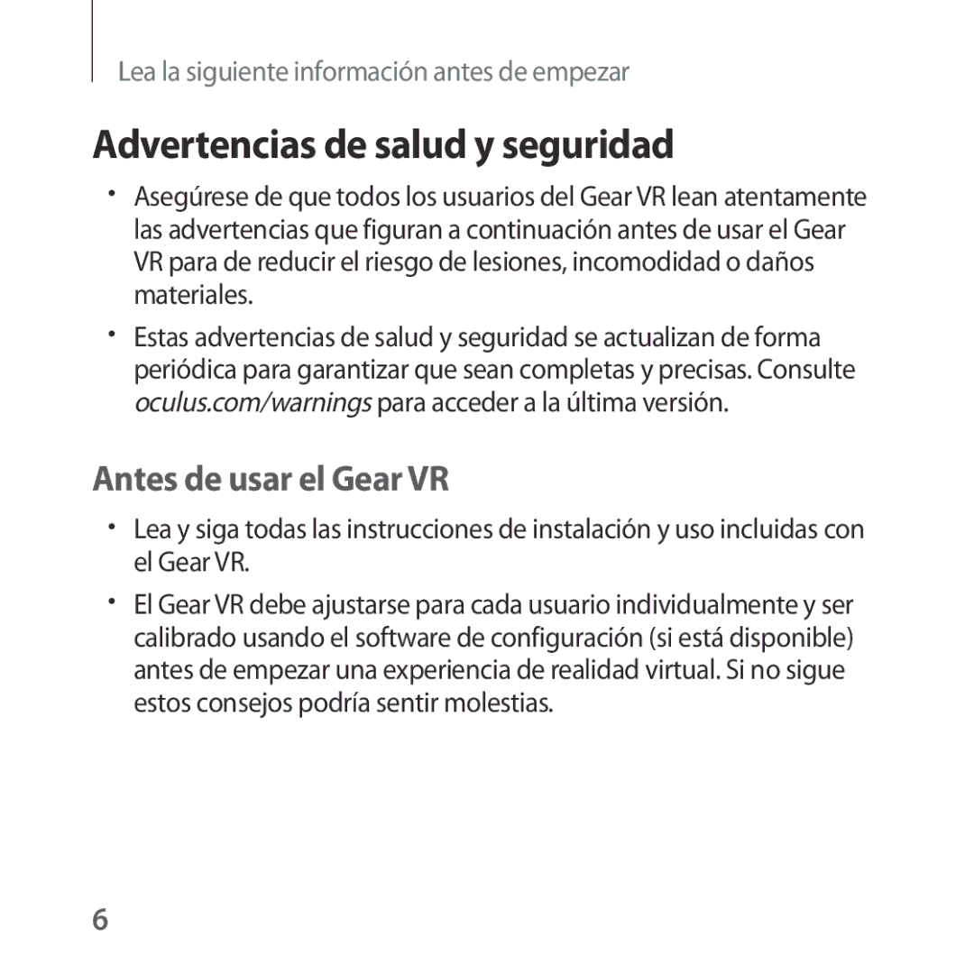 Samsung SM-R322NZWAPHE manual Advertencias de salud y seguridad, Antes de usar el Gear VR 