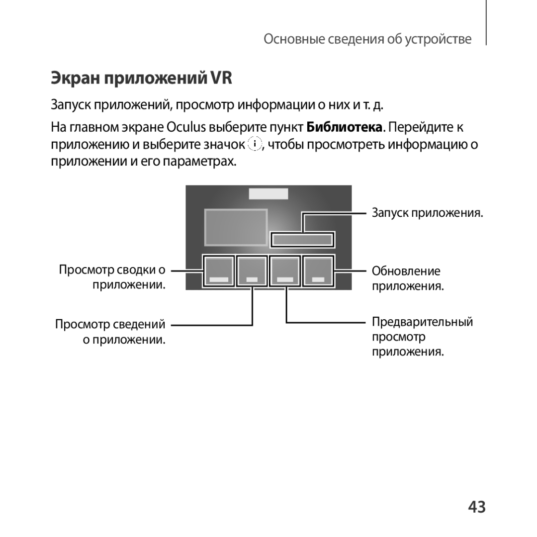 Samsung SM-R322NZWASER manual Экран приложений VR, Запуск приложений, просмотр информации о них и т. д 