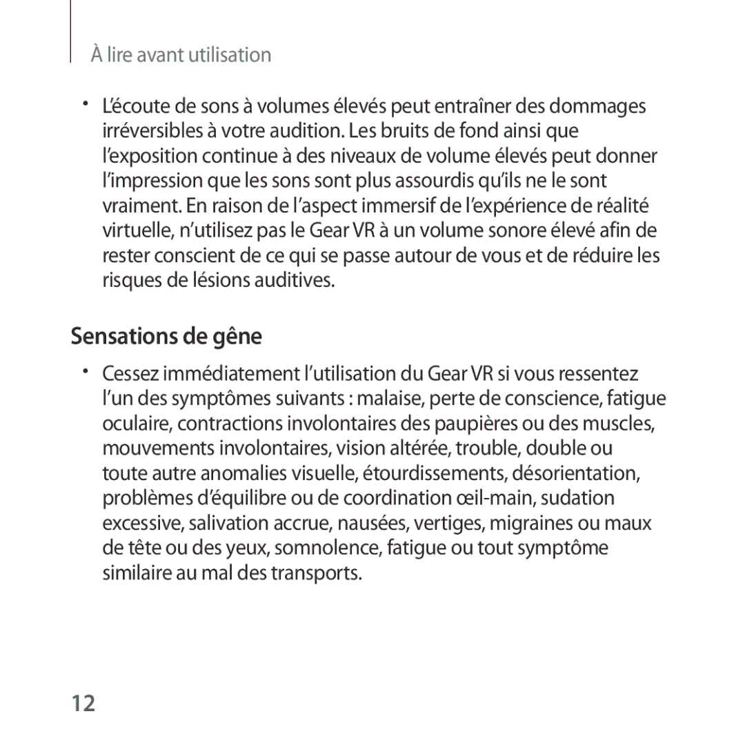 Samsung SM-R322NZWAXEF manual Sensations de gêne 