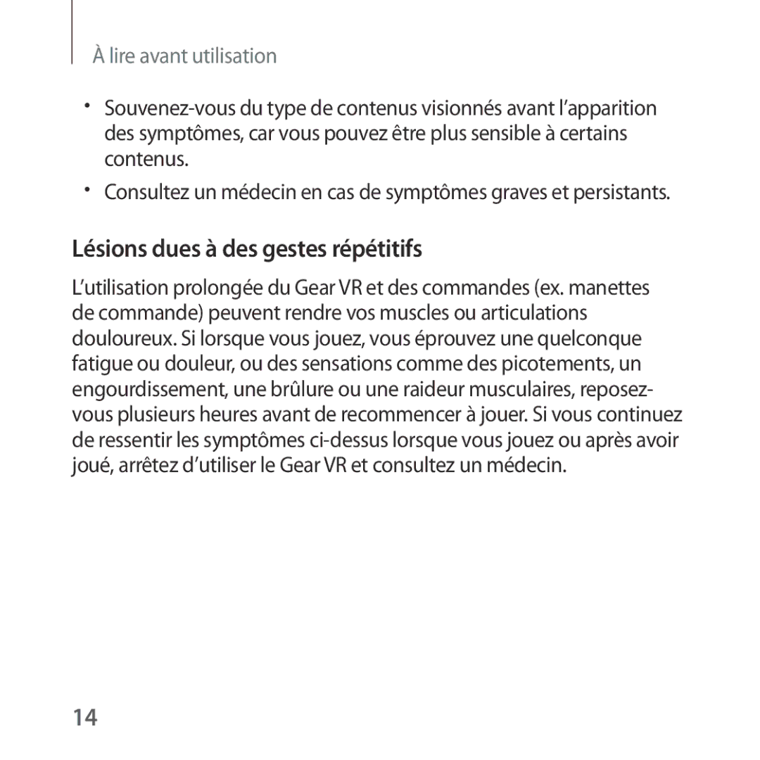 Samsung SM-R322NZWAXEF manual Lésions dues à des gestes répétitifs 