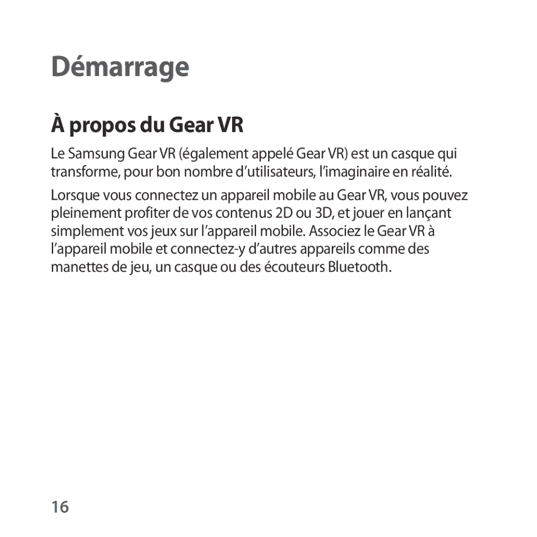 Samsung SM-R322NZWAXEF manual Démarrage, Propos du Gear VR 