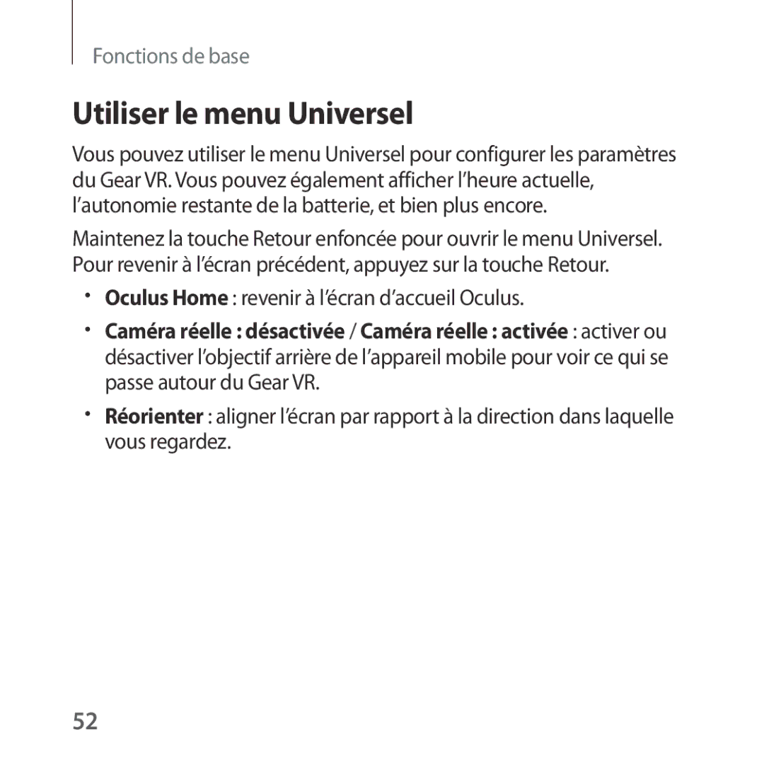 Samsung SM-R322NZWAXEF manual Utiliser le menu Universel, Oculus Home revenir à l’écran d’accueil Oculus 