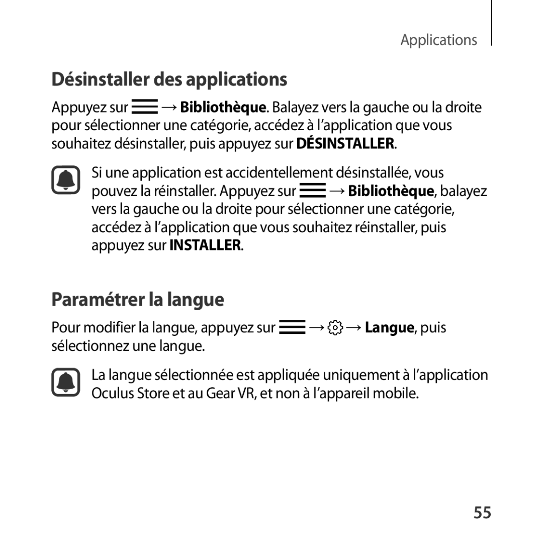 Samsung SM-R322NZWAXEF manual Désinstaller des applications, Paramétrer la langue 