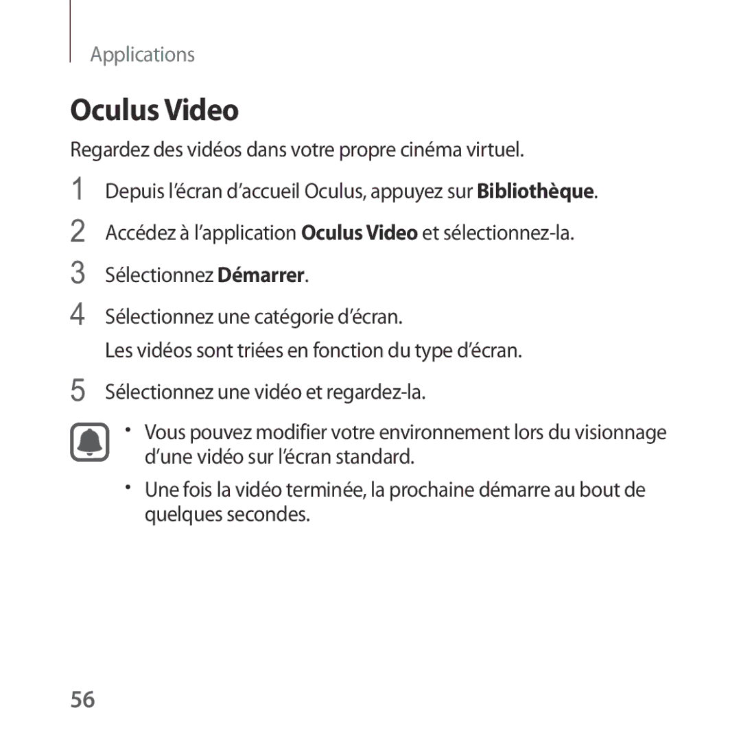 Samsung SM-R322NZWAXEF manual Oculus Video, Regardez des vidéos dans votre propre cinéma virtuel 