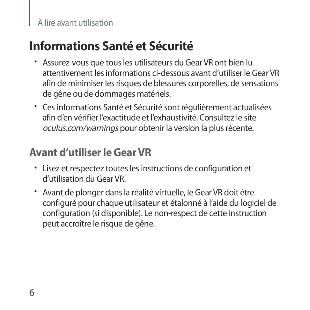 Samsung SM-R322NZWAXEF manual Informations Santé et Sécurité, Avant d’utiliser le Gear VR 