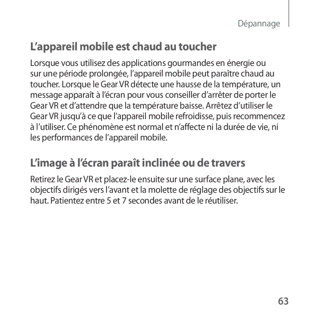 Samsung SM-R322NZWAXEF manual ’appareil mobile est chaud au toucher, ’image à l’écran paraît inclinée ou de travers 