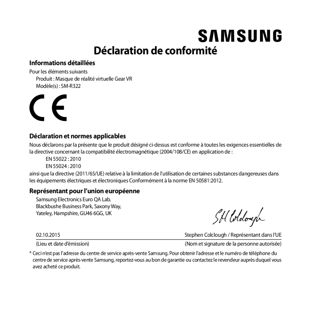 Samsung SM-R322NZWAXEF manual Déclaration de conformité 