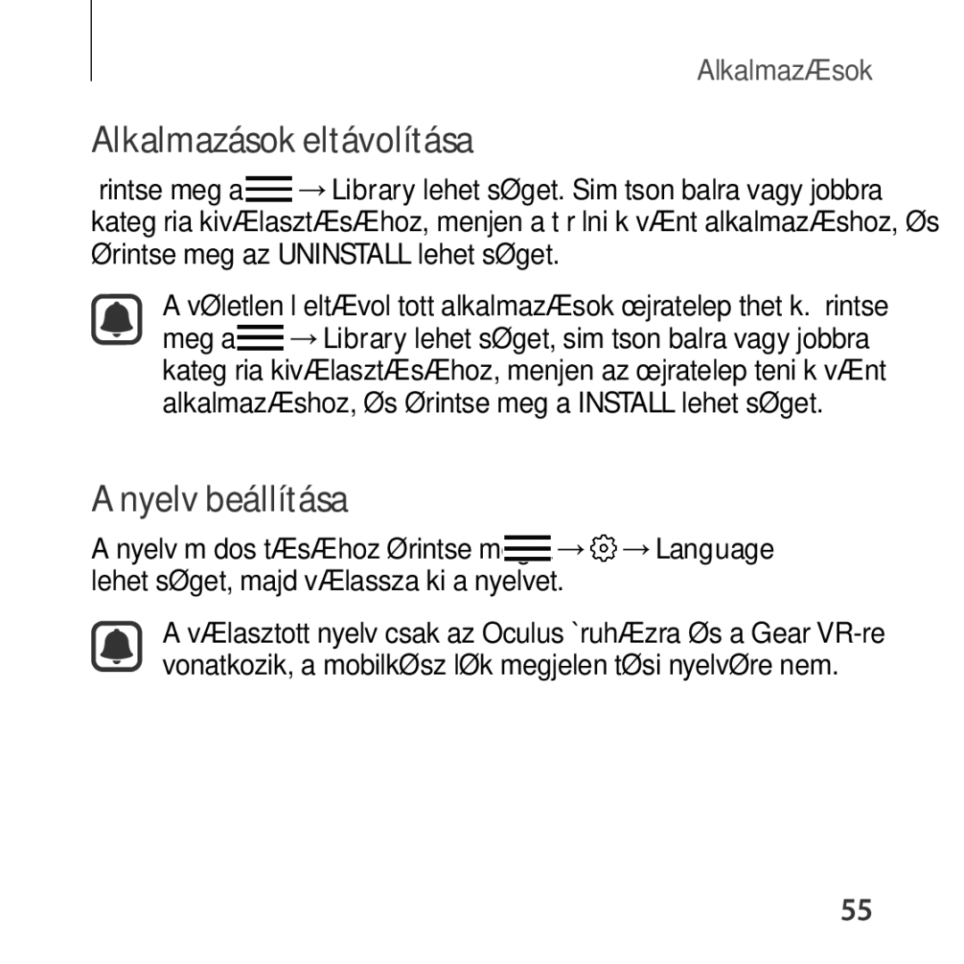 Samsung SM-R322NZWAXEH manual Alkalmazások eltávolítása, Nyelv beállítása 