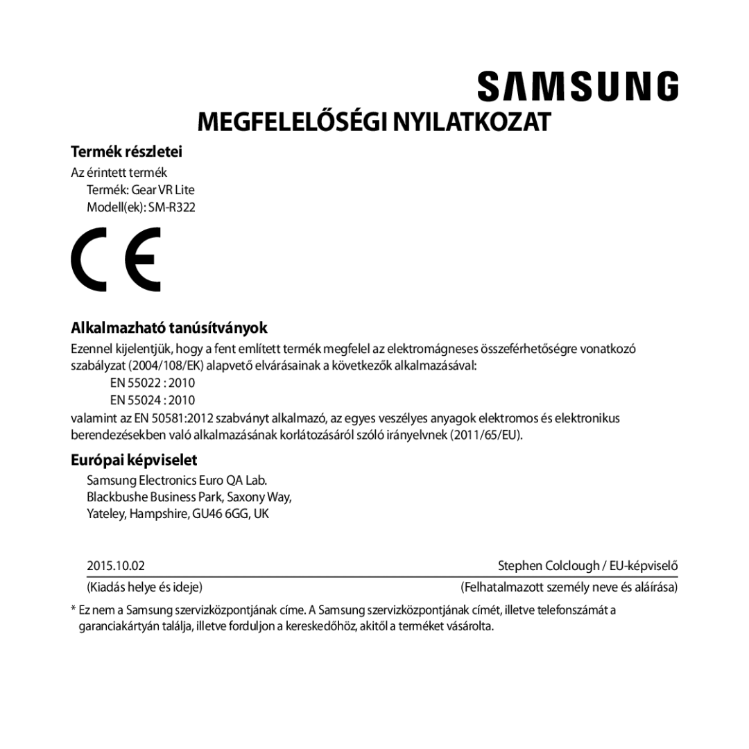 Samsung SM-R322NZWAXEH manual Megfelelőségi Nyilatkozat 