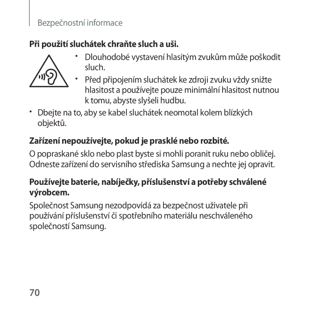 Samsung SM-R322NZWAXEZ manual Při použití sluchátek chraňte sluch a uši 