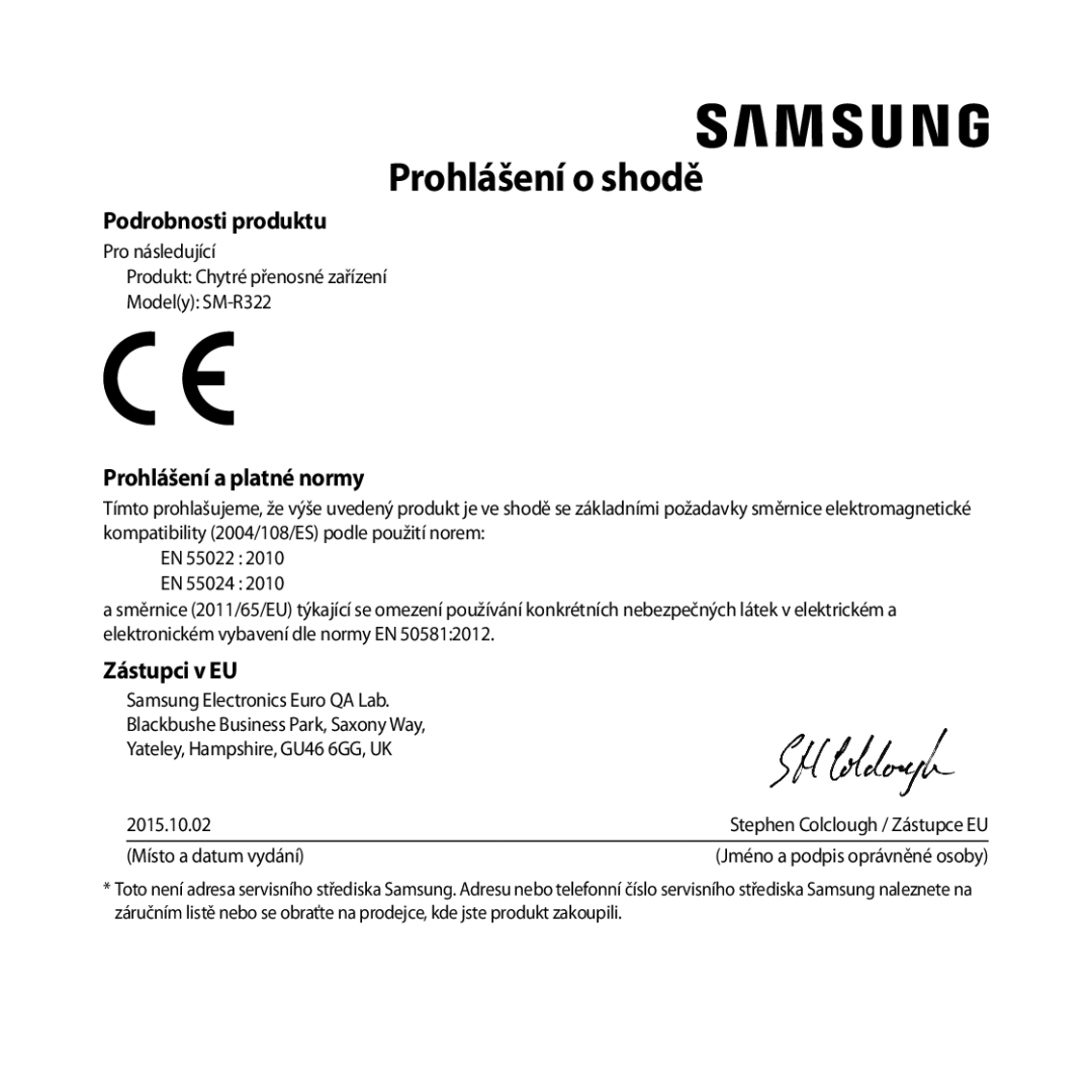 Samsung SM-R322NZWAXEZ manual Prohlášení o shodě 