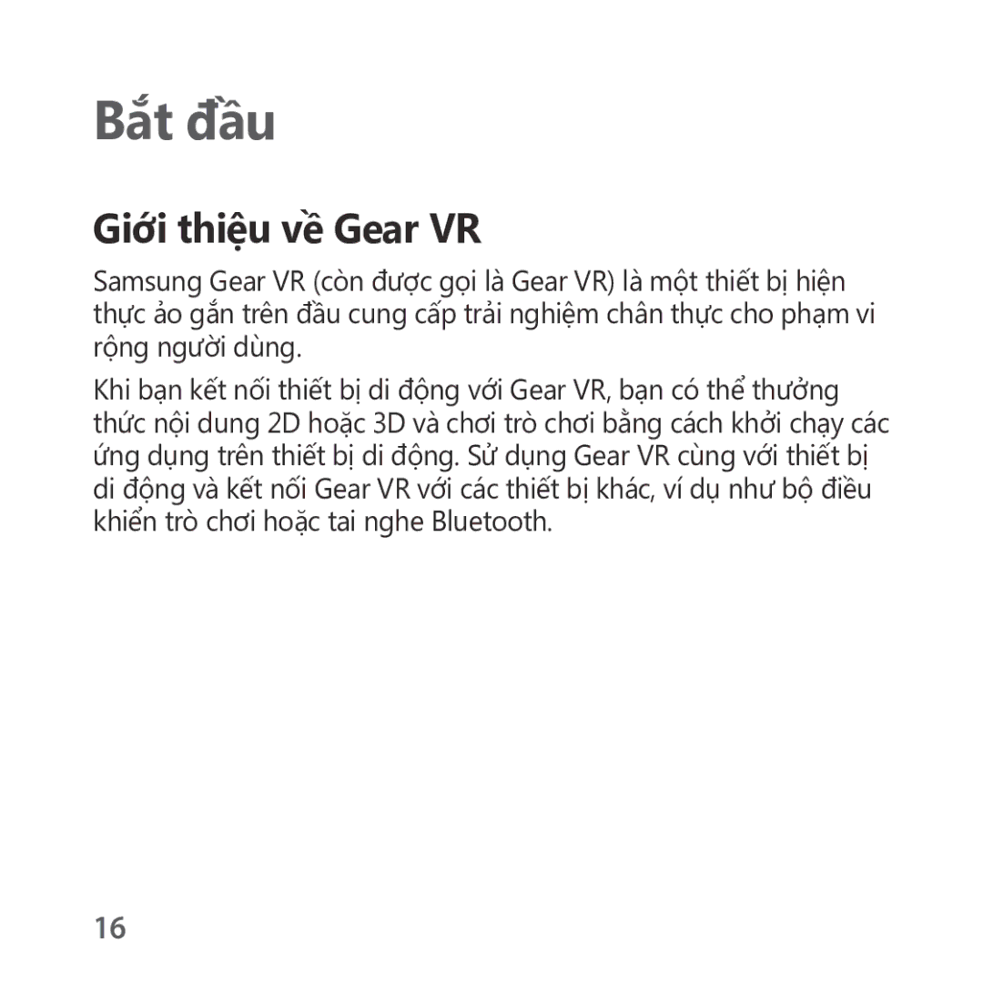 Samsung SM-R322NZWAXXV manual Bắt đầu, Giới thiệu về Gear VR 