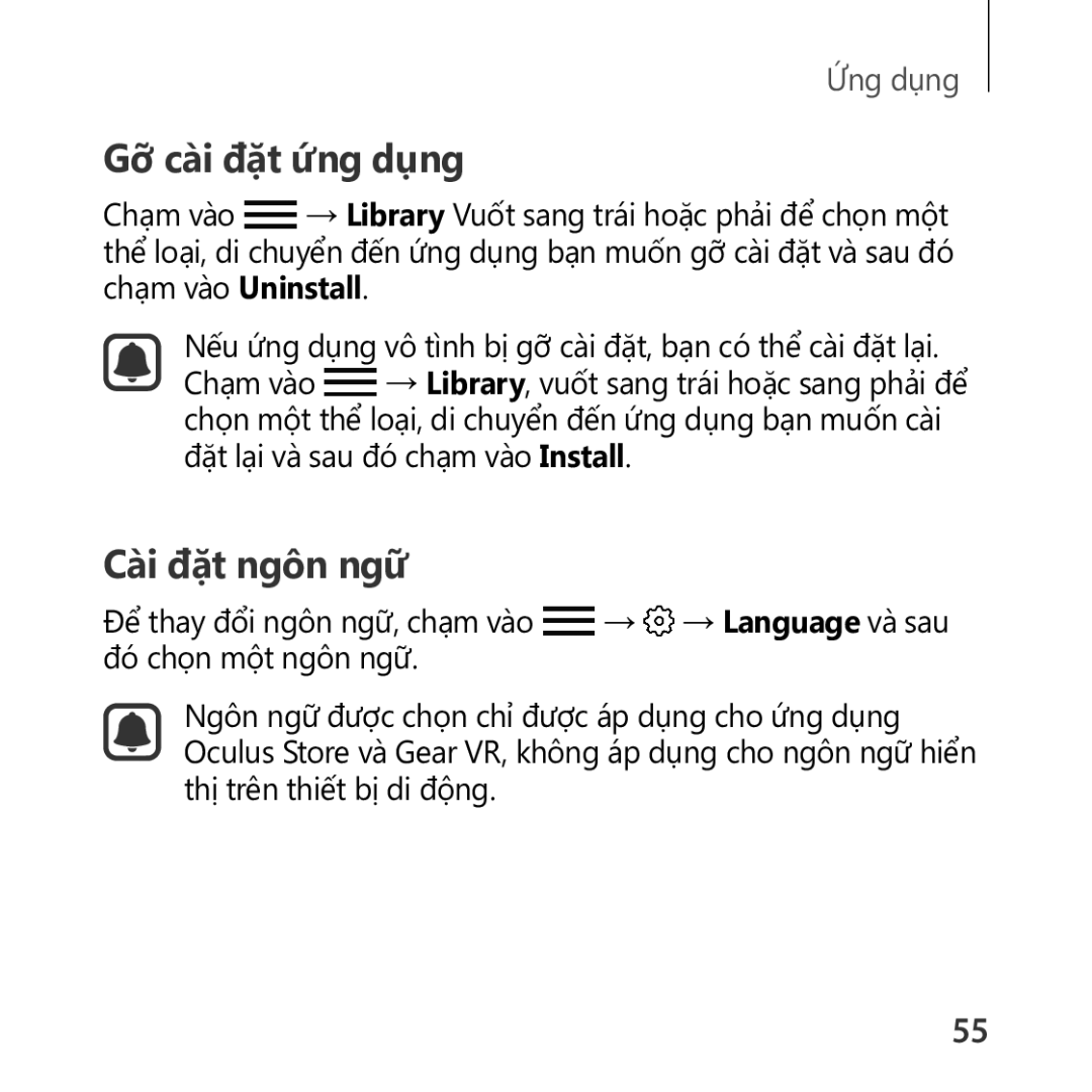 Samsung SM-R322NZWAXXV manual Gỡ cài đặt ứng dụng, Cài đặt ngôn ngữ 