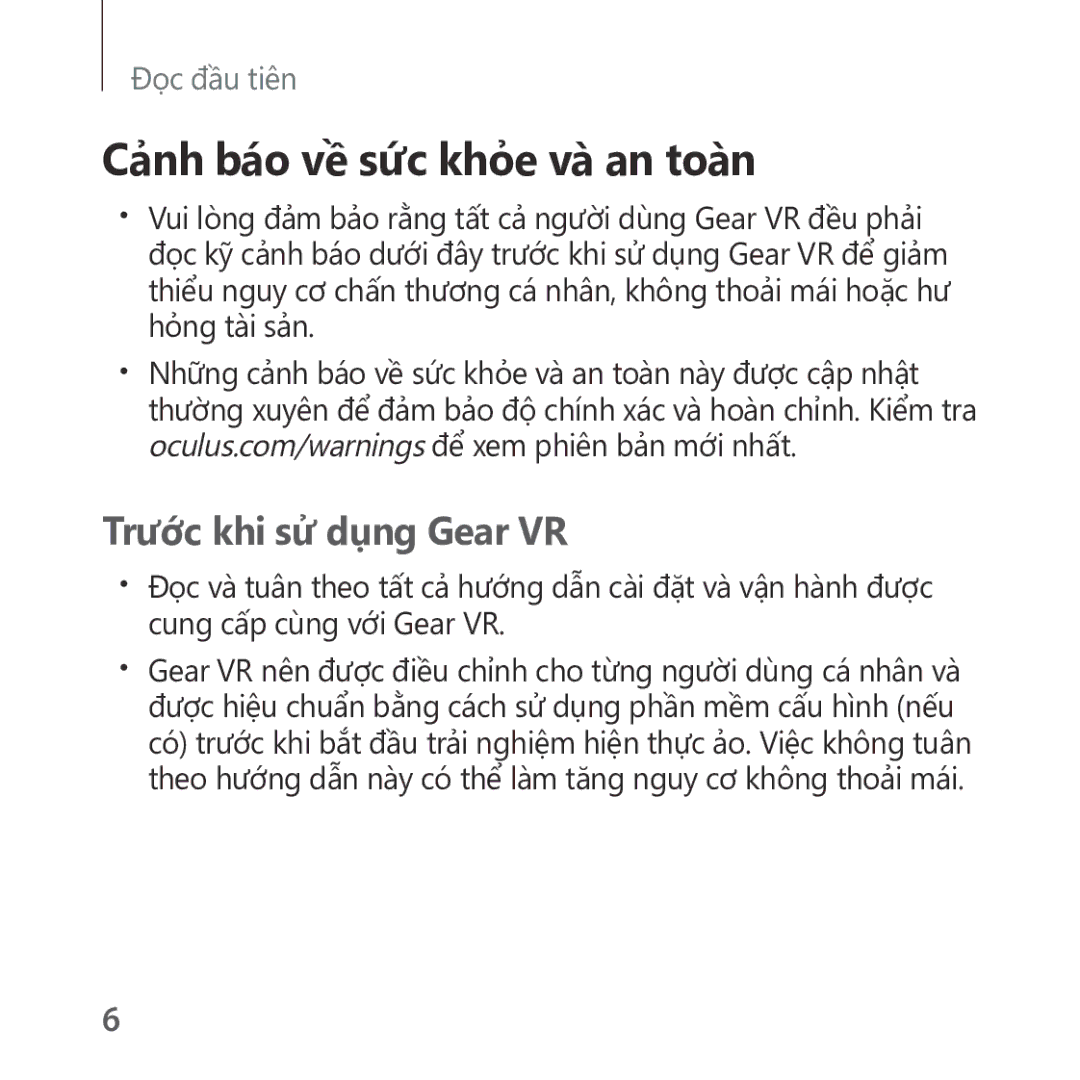 Samsung SM-R322NZWAXXV manual Cảnh báo về sức khỏe và an toàn, Trước khi sử dụng Gear VR 