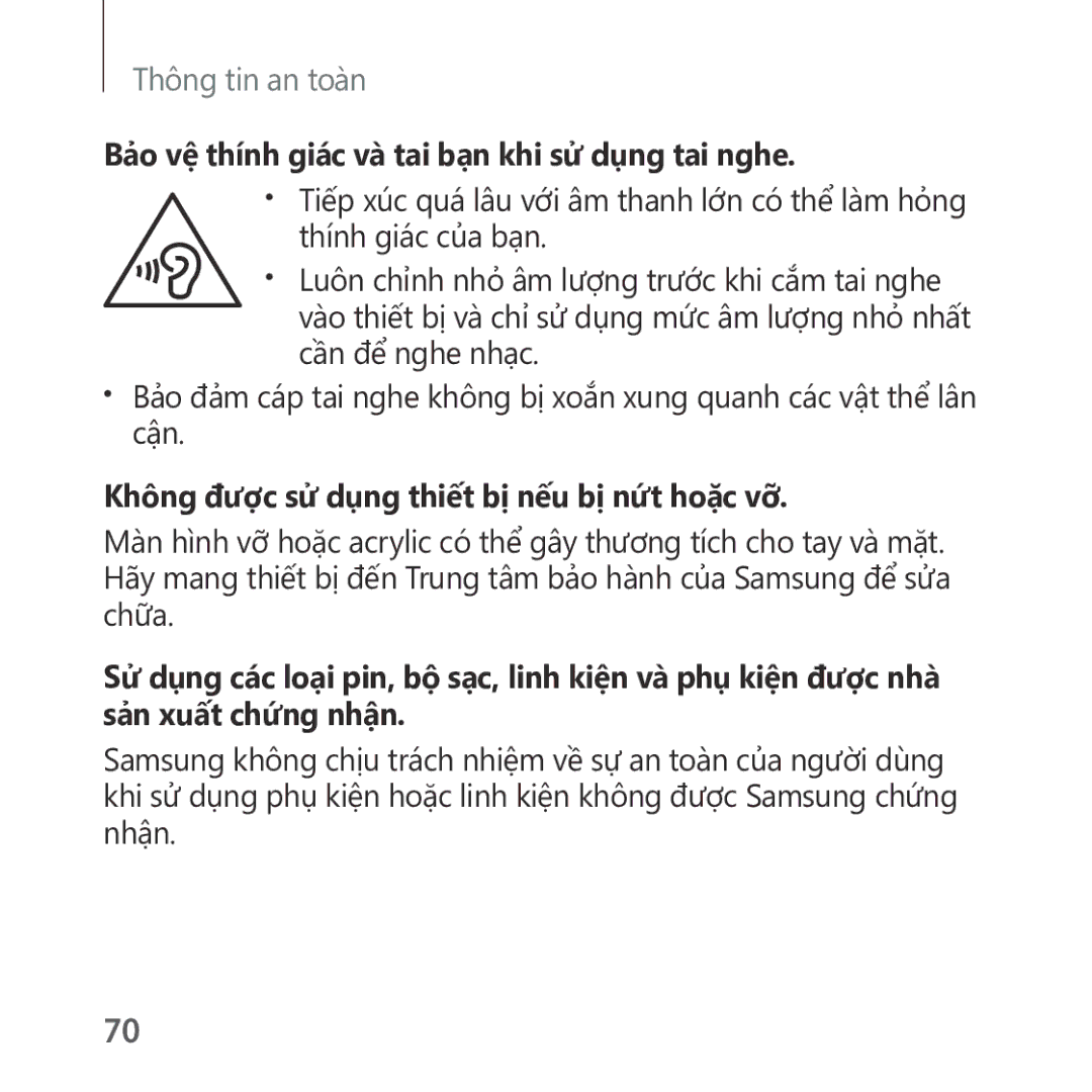 Samsung SM-R322NZWAXXV manual Bảo vệ thính giác và tai bạn khi sử dụng tai nghe 