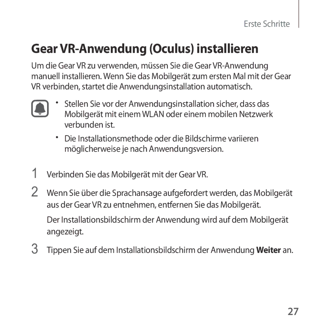 Samsung SM-R323NBKADBT manual Gear VR-Anwendung Oculus installieren, Verbinden Sie das Mobilgerät mit der Gear VR 