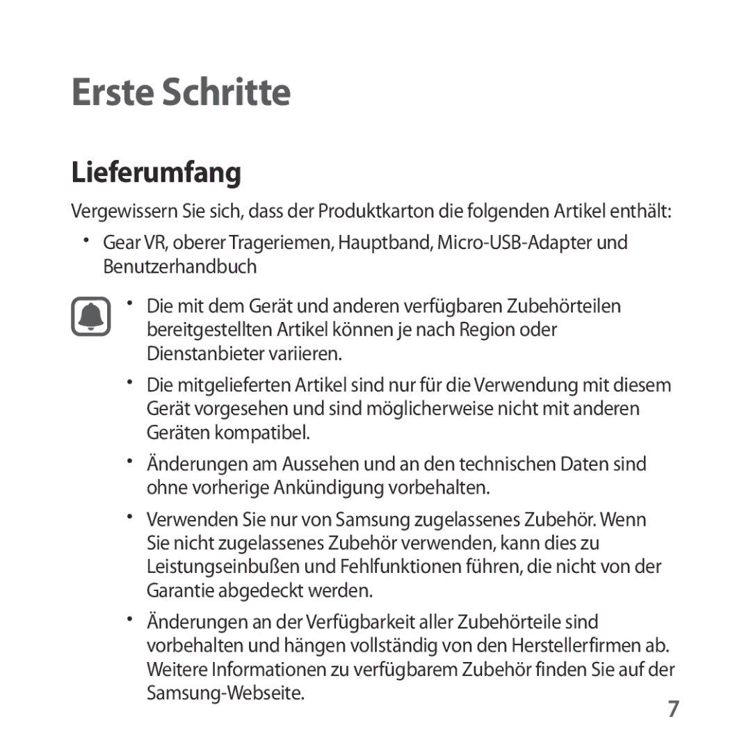 Samsung SM-R323NBKADBT manual Erste Schritte, Lieferumfang, Änderungen an der Verfügbarkeit aller Zubehörteile sind 