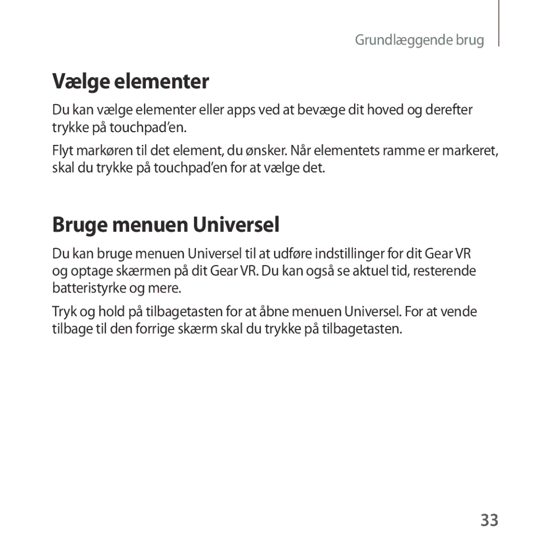 Samsung SM-R323NBKANEE manual Vælge elementer, Bruge menuen Universel 