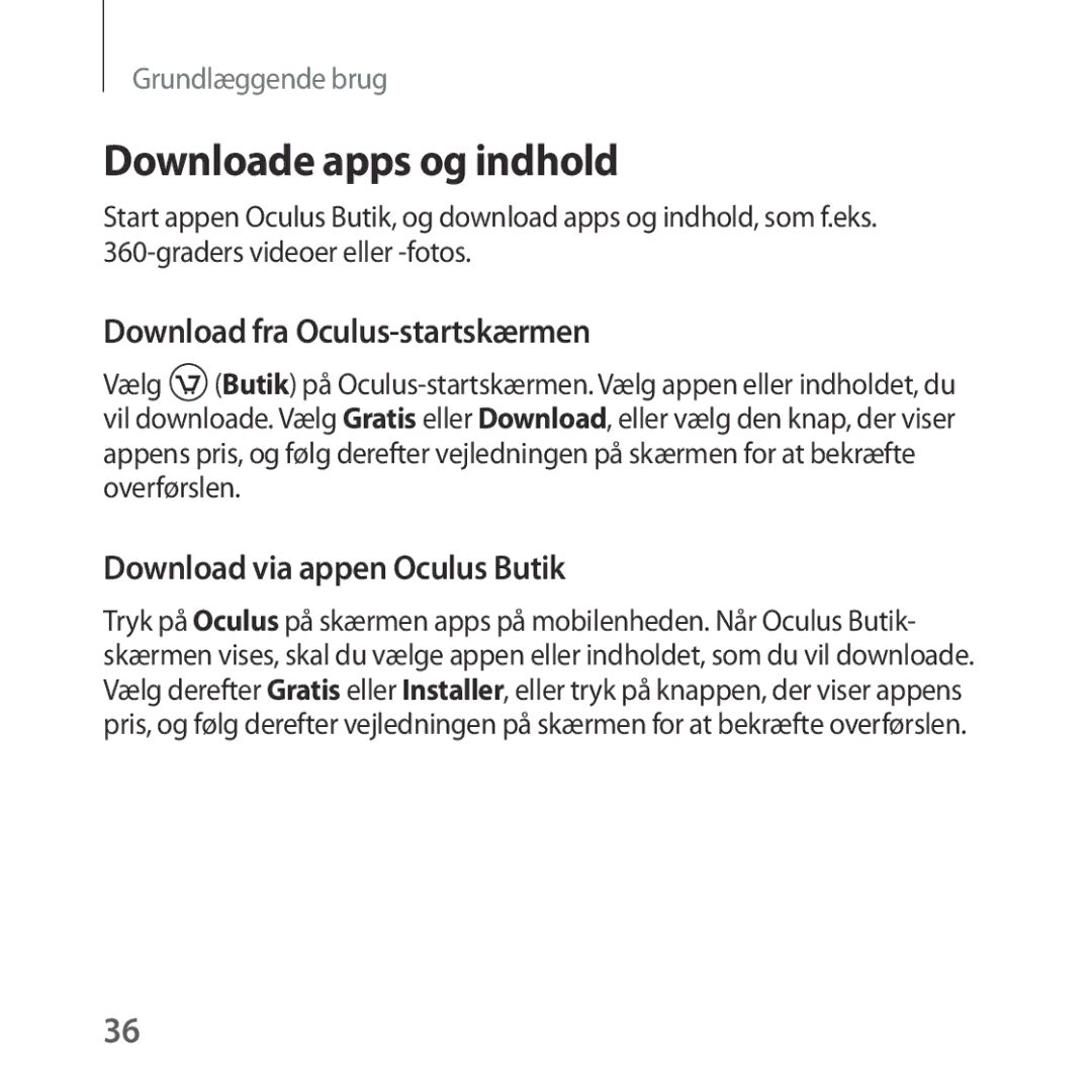 Samsung SM-R323NBKANEE manual Downloade apps og indhold, Download fra Oculus-startskærmen 