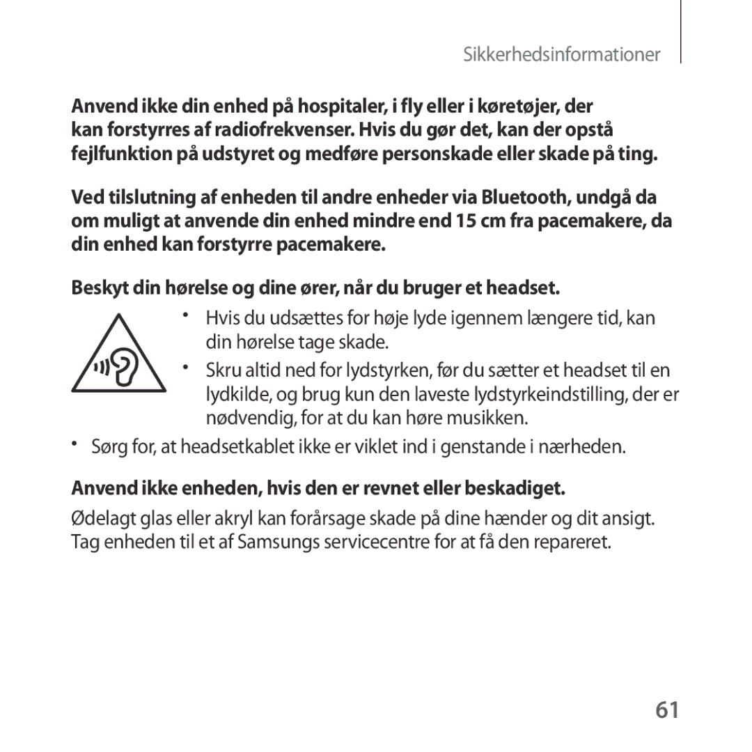 Samsung SM-R323NBKANEE manual Beskyt din hørelse og dine ører, når du bruger et headset 