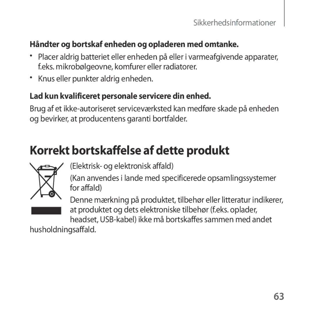 Samsung SM-R323NBKANEE manual Korrekt bortskaffelse af dette produkt, Håndter og bortskaf enheden og opladeren med omtanke 