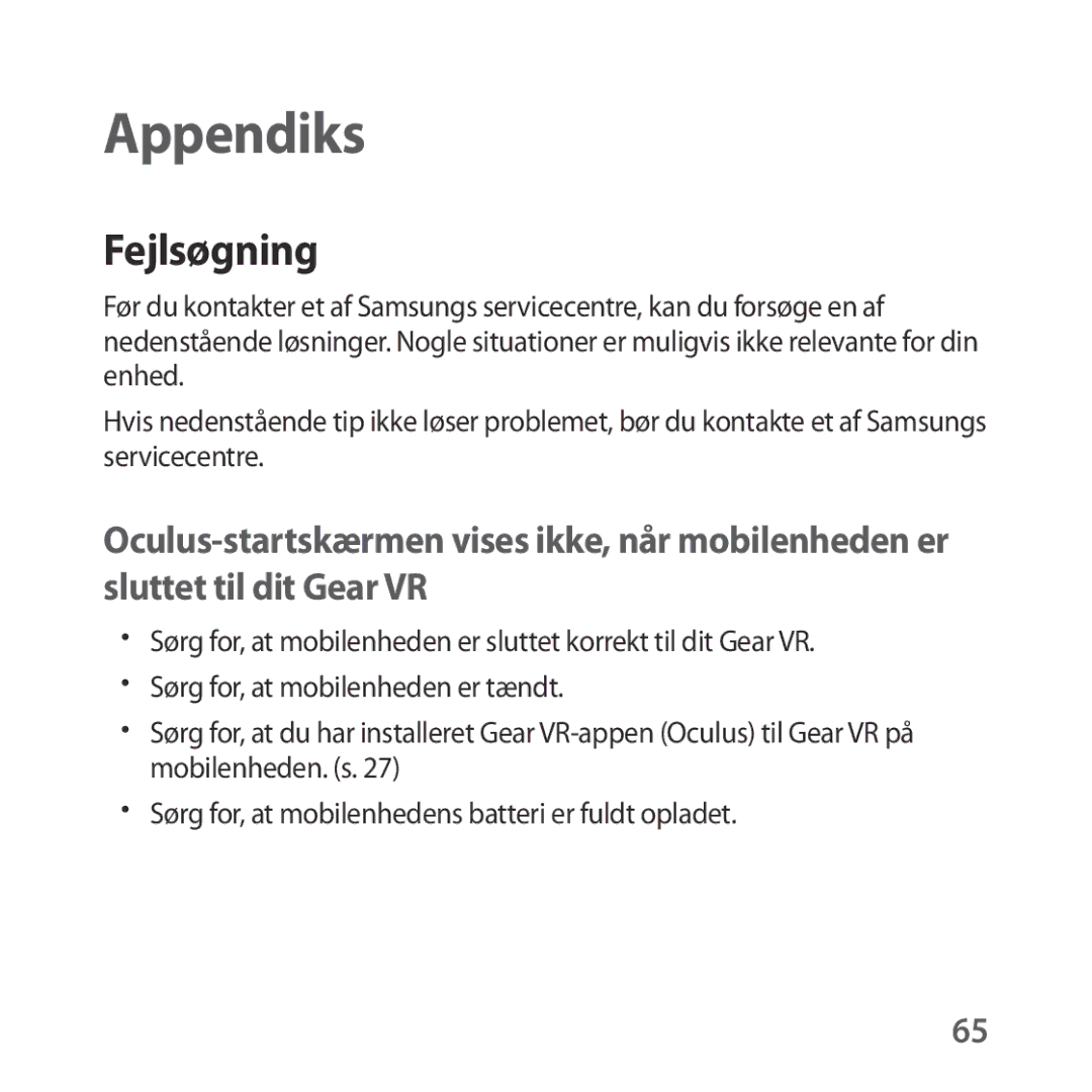 Samsung SM-R323NBKANEE manual Appendiks, Fejlsøgning 