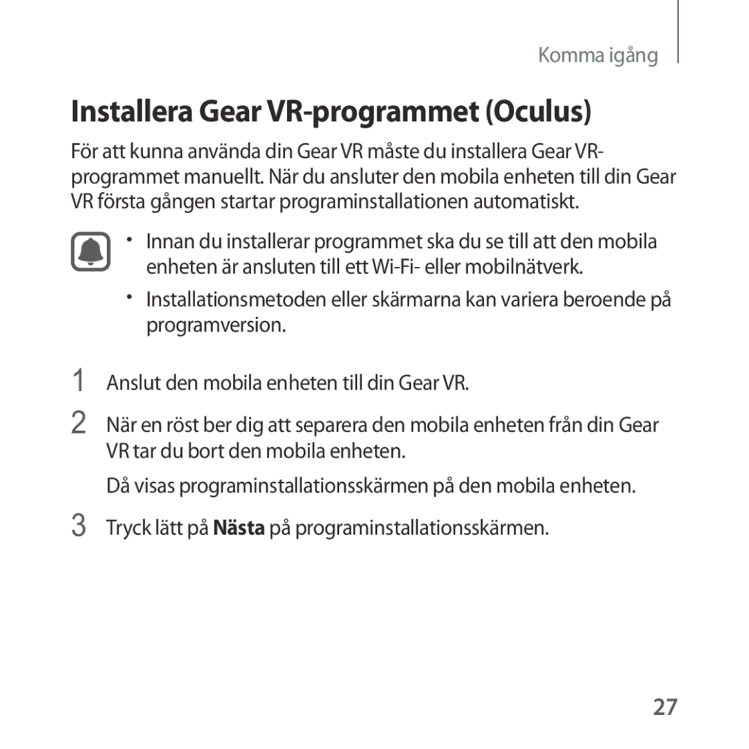 Samsung SM-R323NBKANEE manual Installera Gear VR-programmet Oculus 