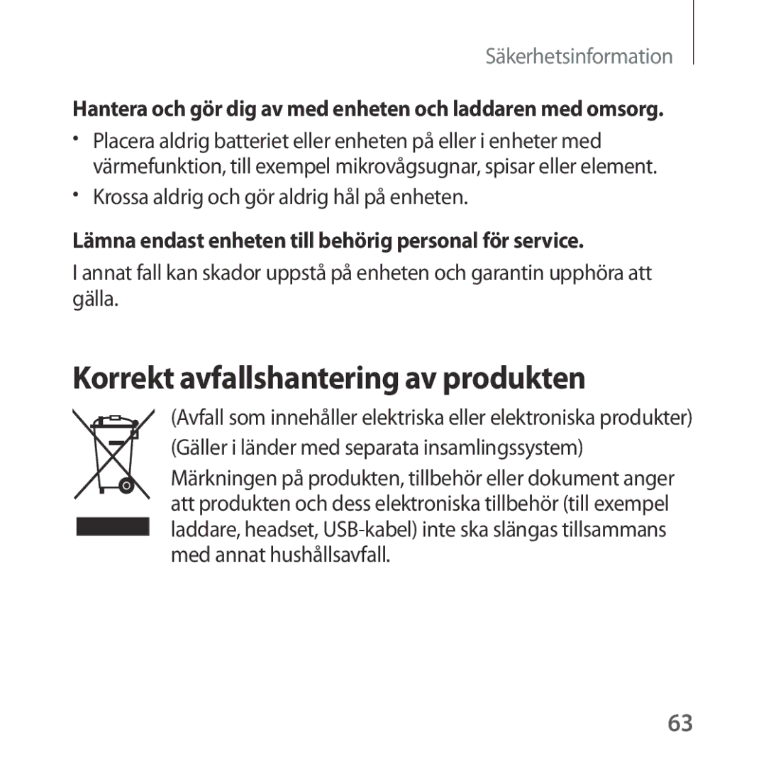 Samsung SM-R323NBKANEE Korrekt avfallshantering av produkten, Hantera och gör dig av med enheten och laddaren med omsorg 