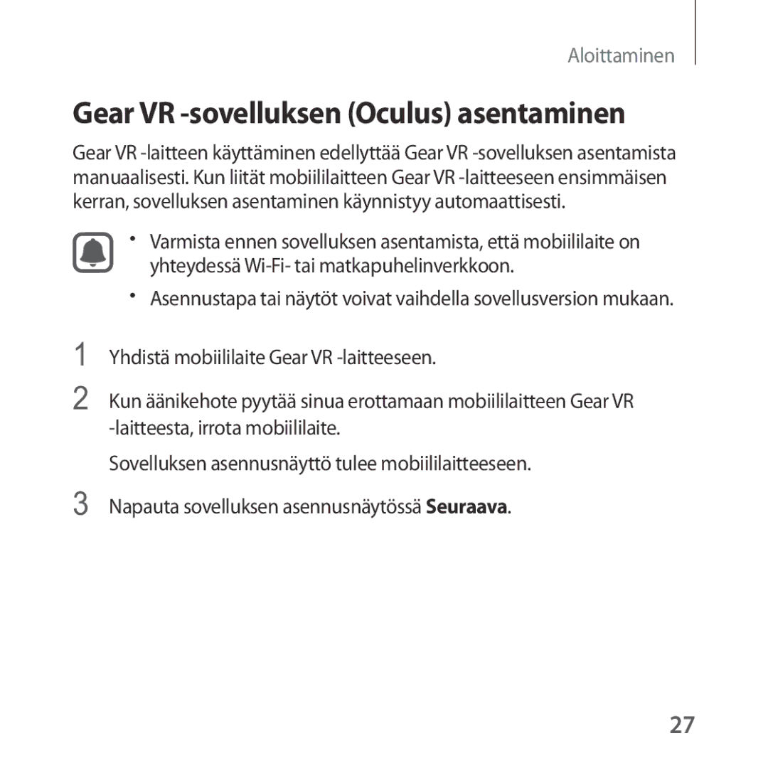 Samsung SM-R323NBKANEE manual Gear VR -sovelluksen Oculus asentaminen 