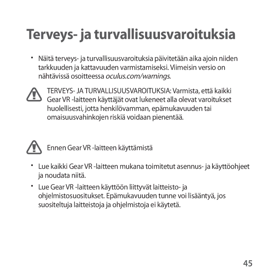 Samsung SM-R323NBKANEE manual Terveys- ja turvallisuusvaroituksia 