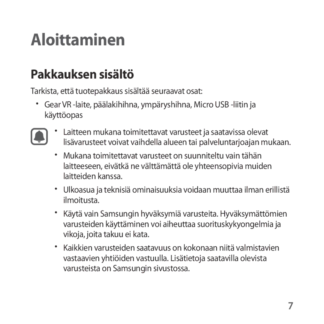 Samsung SM-R323NBKANEE manual Aloittaminen, Pakkauksen sisältö 