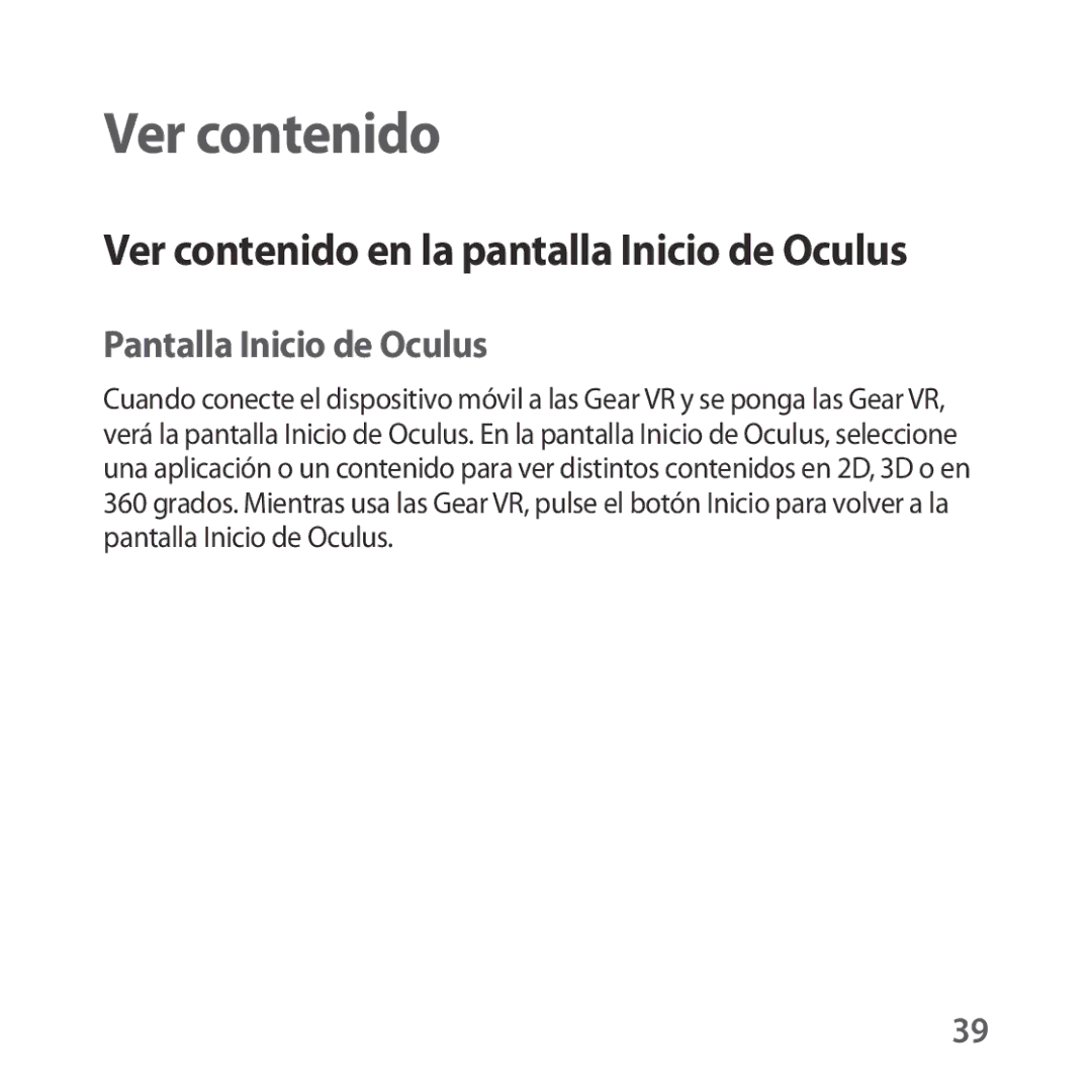 Samsung SM-R323NBKAPHE manual Ver contenido en la pantalla Inicio de Oculus, Pantalla Inicio de Oculus 