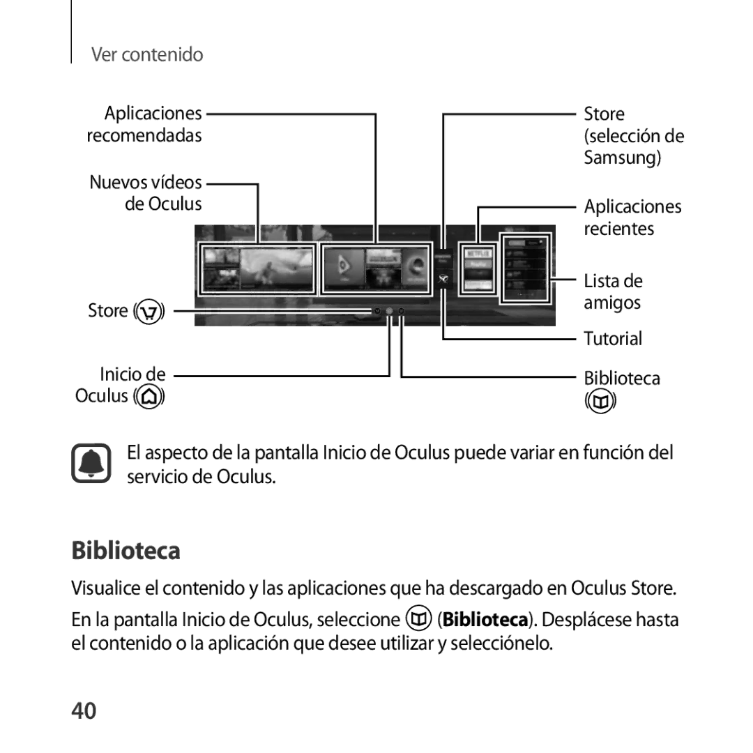 Samsung SM-R323NBKAPHE manual Biblioteca, Store Inicio de Oculus, Lista de Amigos Tutorial 