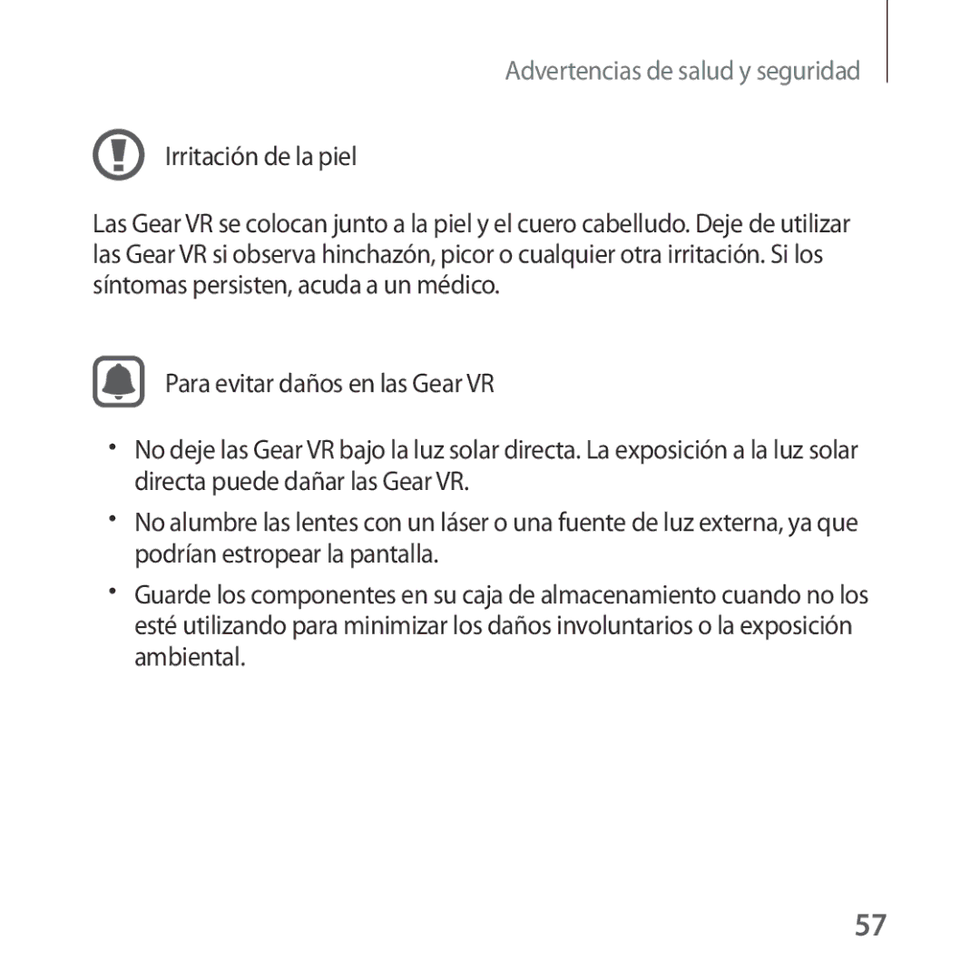 Samsung SM-R323NBKAPHE manual Irritación de la piel, Para evitar daños en las Gear VR 