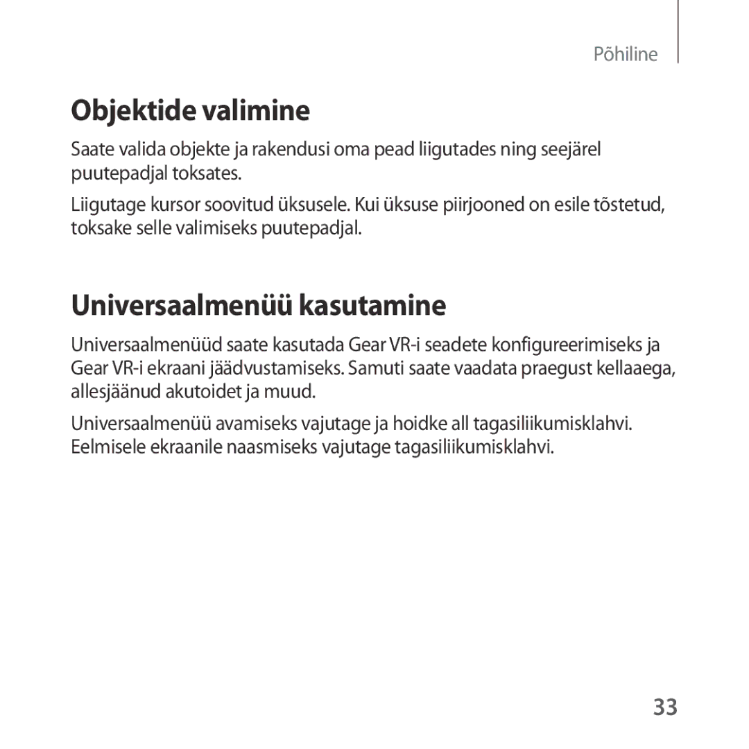 Samsung SM-R323NBKASEB manual Objektide valimine, Universaalmenüü kasutamine 