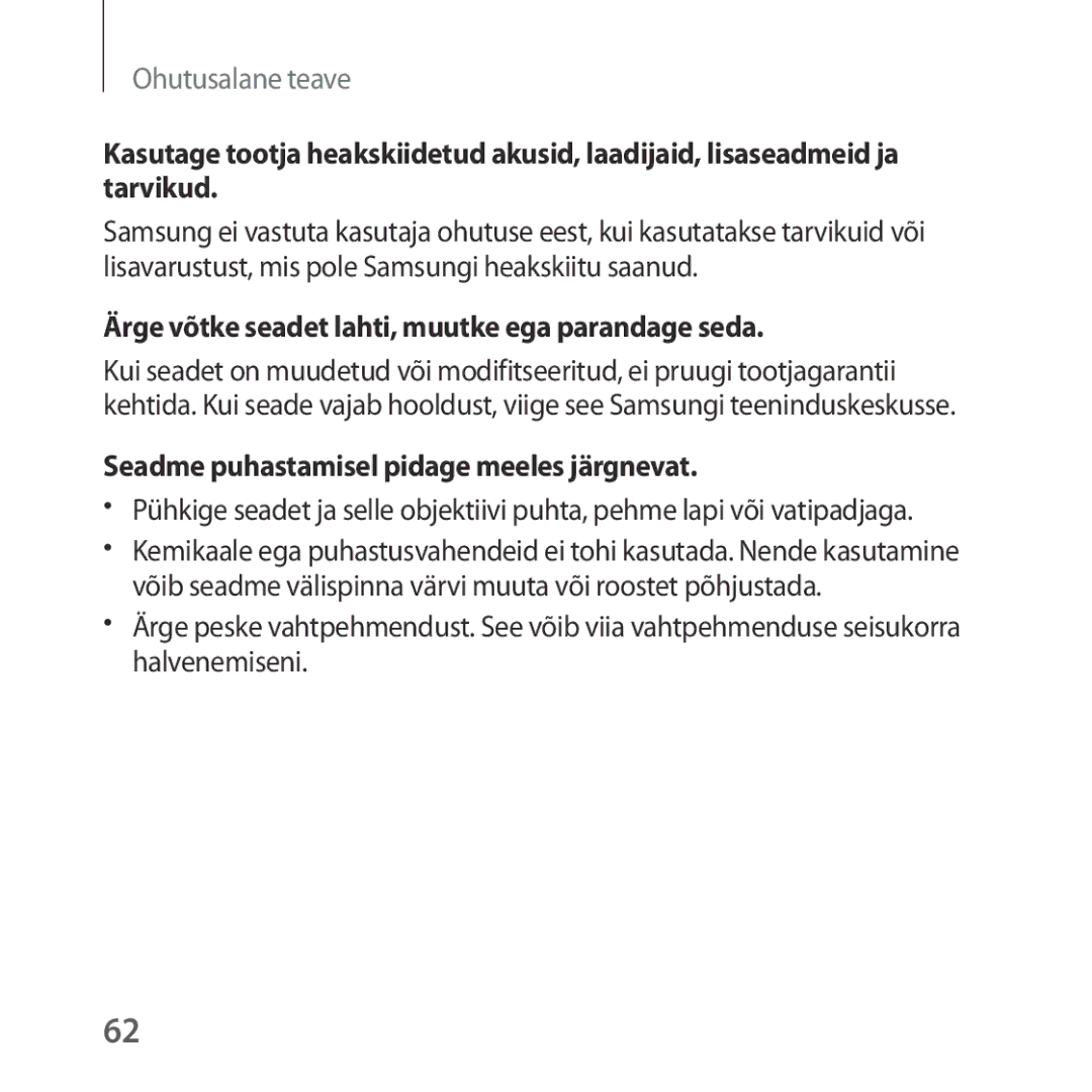 Samsung SM-R323NBKASEB manual Ärge võtke seadet lahti, muutke ega parandage seda 