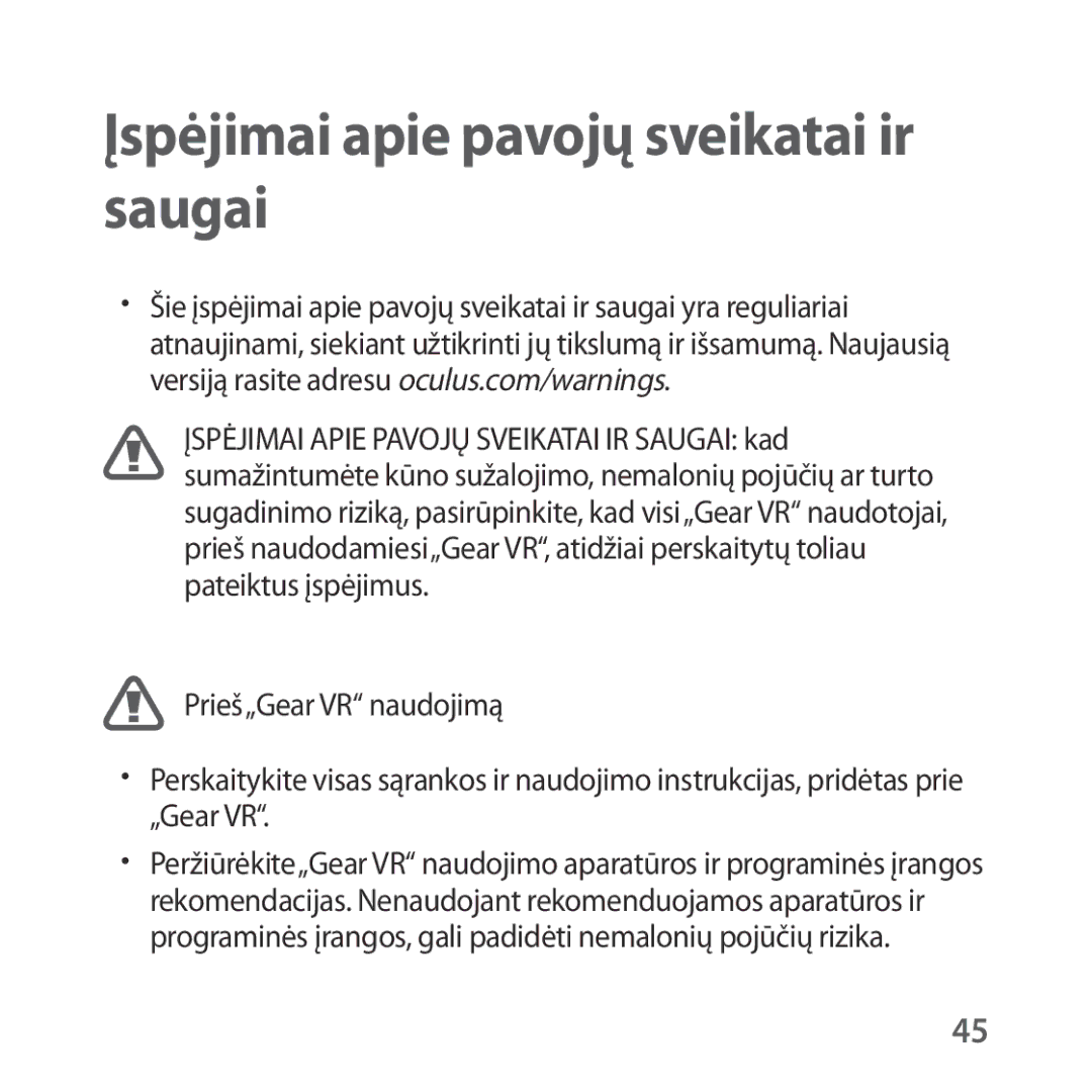 Samsung SM-R323NBKASEB manual Įspėjimai apie pavojų sveikatai ir saugai 