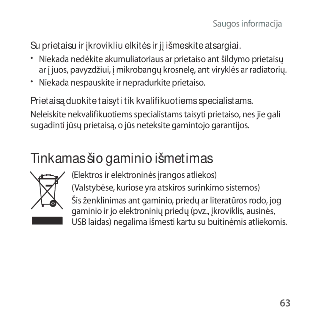 Samsung SM-R323NBKASEB manual Tinkamas šio gaminio išmetimas, Prietaisą duokite taisyti tik kvalifikuotiems specialistams 