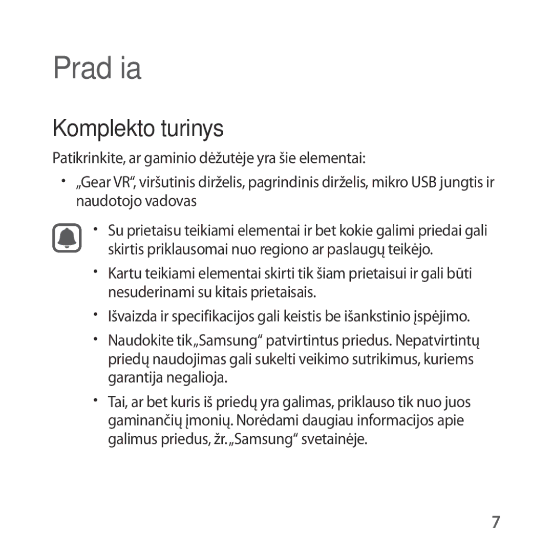 Samsung SM-R323NBKASEB manual Pradžia, Komplekto turinys 