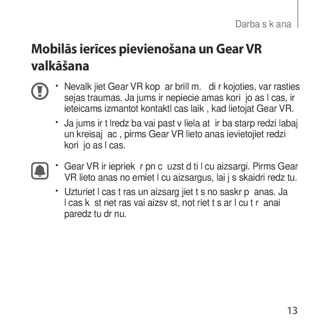 Samsung SM-R323NBKASEB manual Mobilās ierīces pievienošana un Gear VR valkāšana 