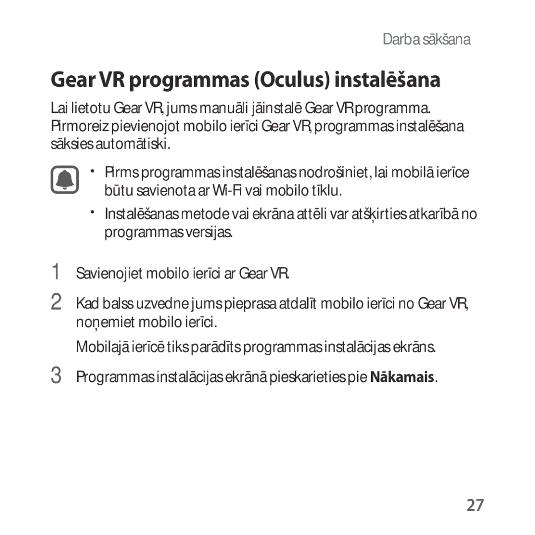 Samsung SM-R323NBKASEB manual Gear VR programmas Oculus instalēšana 