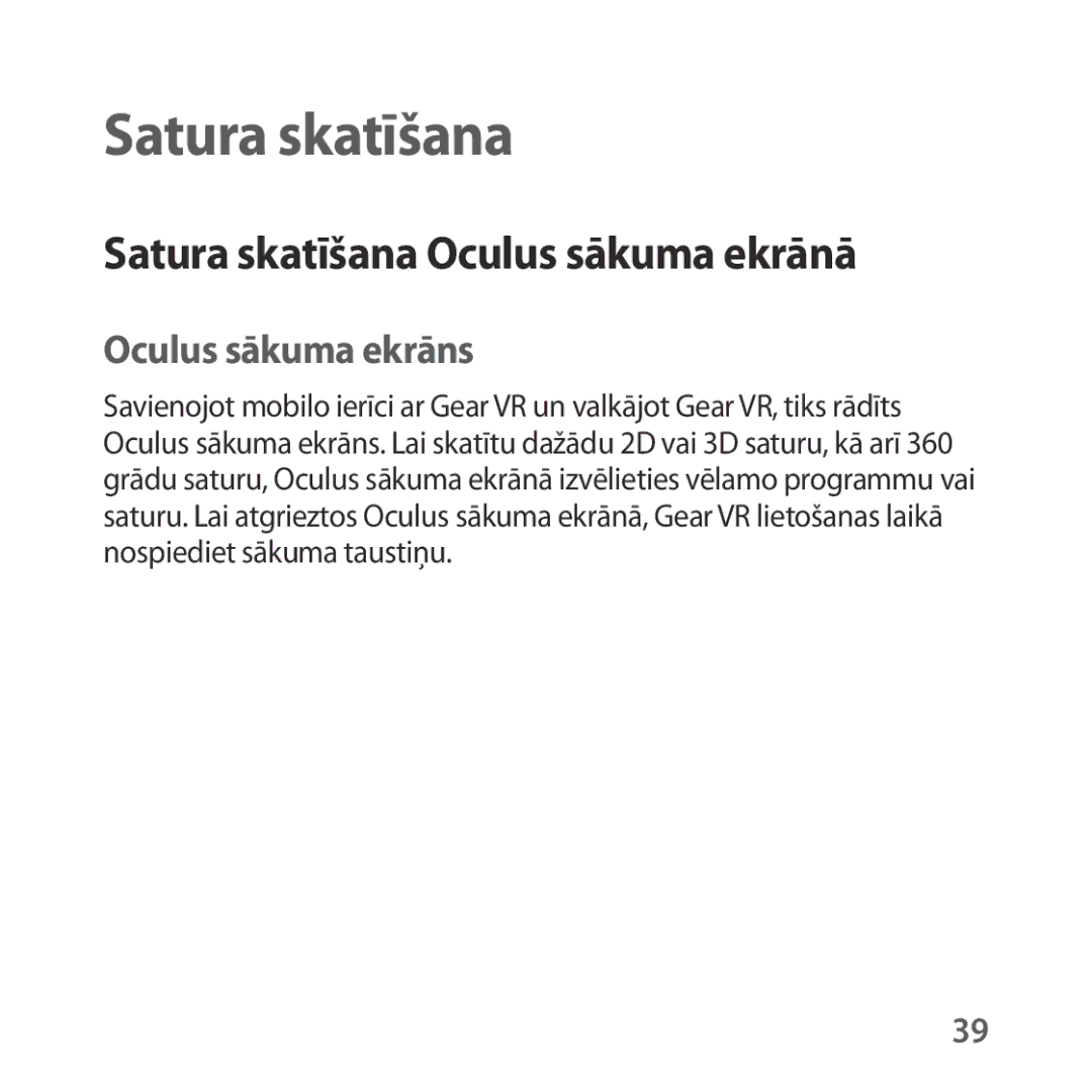 Samsung SM-R323NBKASEB manual Satura skatīšana Oculus sākuma ekrānā, Oculus sākuma ekrāns 