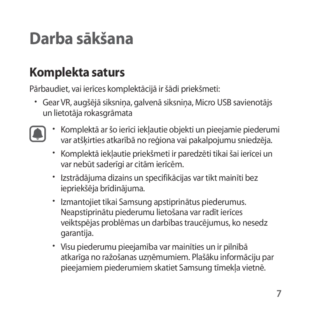 Samsung SM-R323NBKASEB manual Darba sākšana, Komplekta saturs 