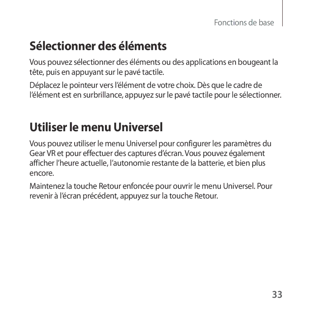 Samsung SM-R323NBKAXEF manual Sélectionner des éléments, Utiliser le menu Universel 